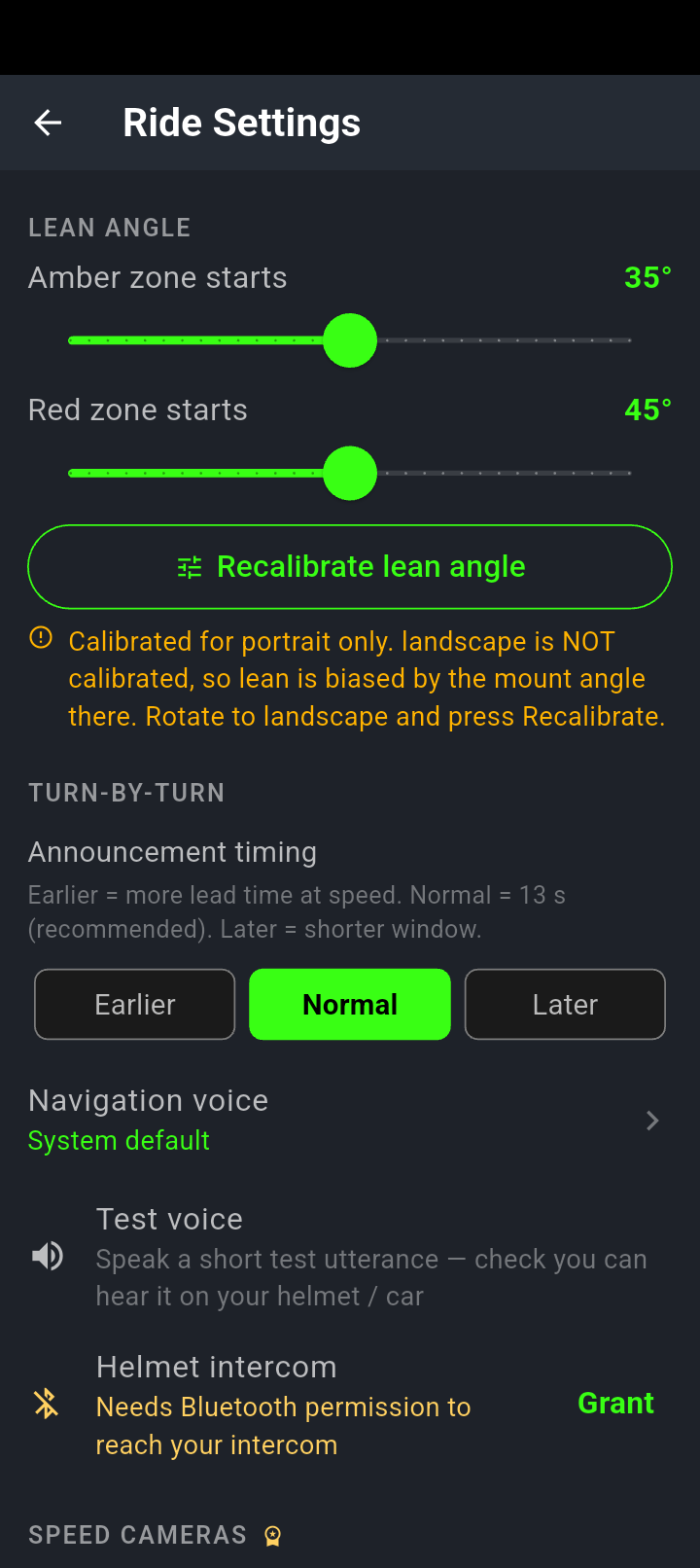 Ride Settings: the amber and red lean sliders at 35 and 45 degrees, Recalibrate lean angle, an amber warning that only portrait is calibrated, the Earlier/Normal/Later announcement chips with Normal selected, Navigation voice, Test voice and Helmet intercom.