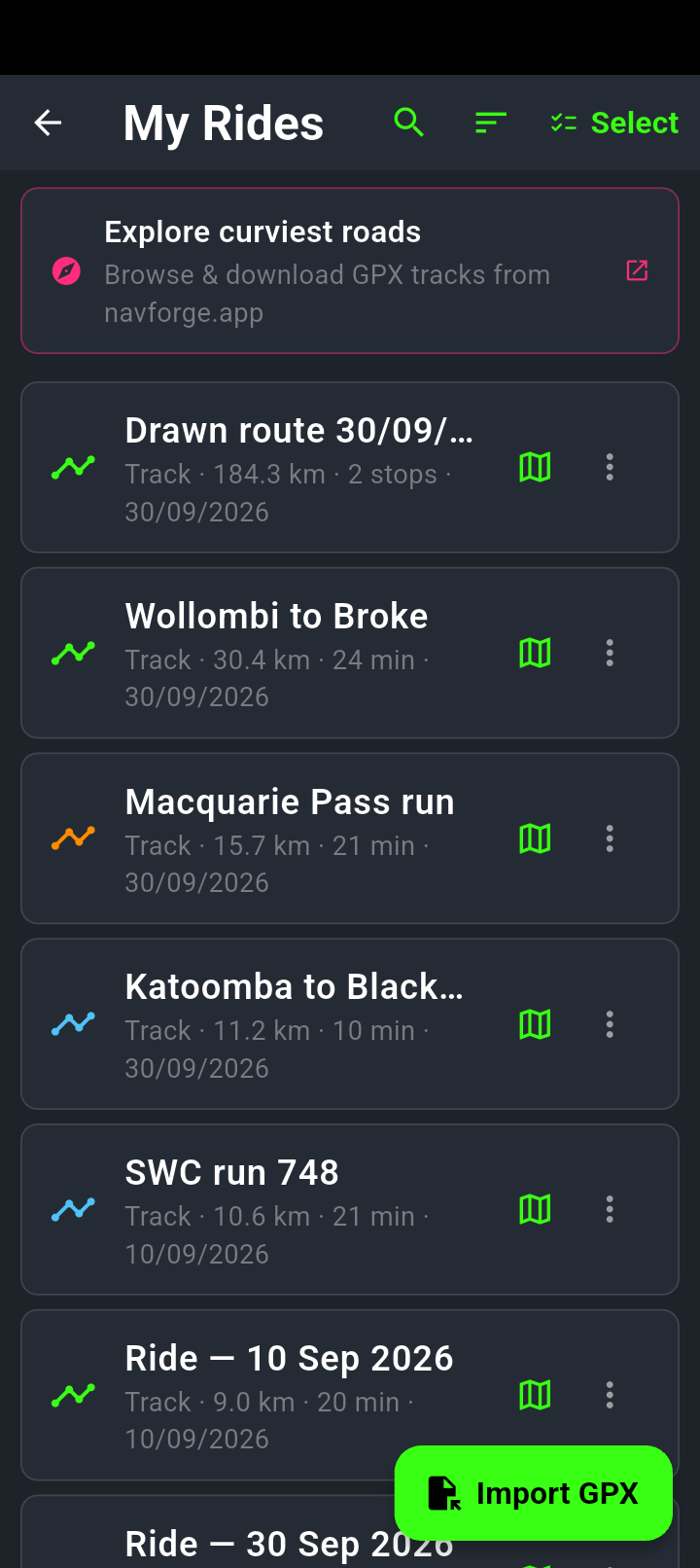 My Rides sorted longest first: the Explore curviest roads card, then a drawn route of 184.3 km and rides named Wollombi to Broke, Macquarie Pass run and Katoomba to Blackheath, each with a coloured icon, distance, riding time and date, a green map button and a three-dot menu, with Import GPX at the bottom right.
