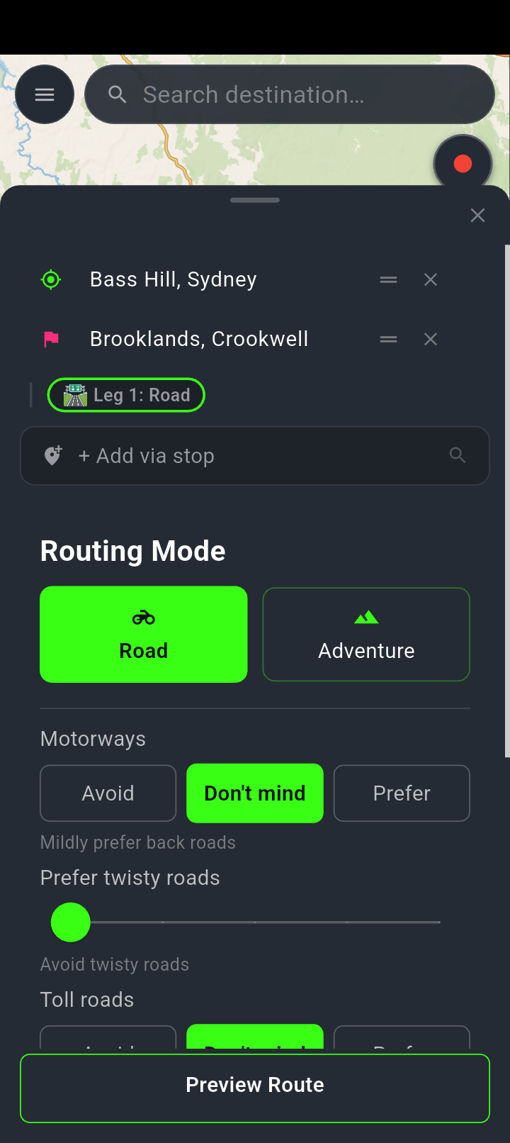 The planning sheet: a start and a destination, a Leg 1 Road chip, Add via stop, Routing Mode with Road selected, then the Motorways chips, the twisty roads slider reading Avoid twisty roads and the Toll roads chips, with Preview Route pinned along the bottom.