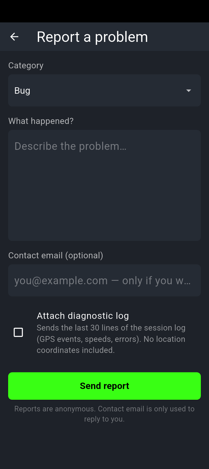 The Report a problem form: a Category dropdown set to Bug, a description box, an optional contact email, an Attach diagnostic log checkbox and the Send report button, with a note that reports are anonymous.