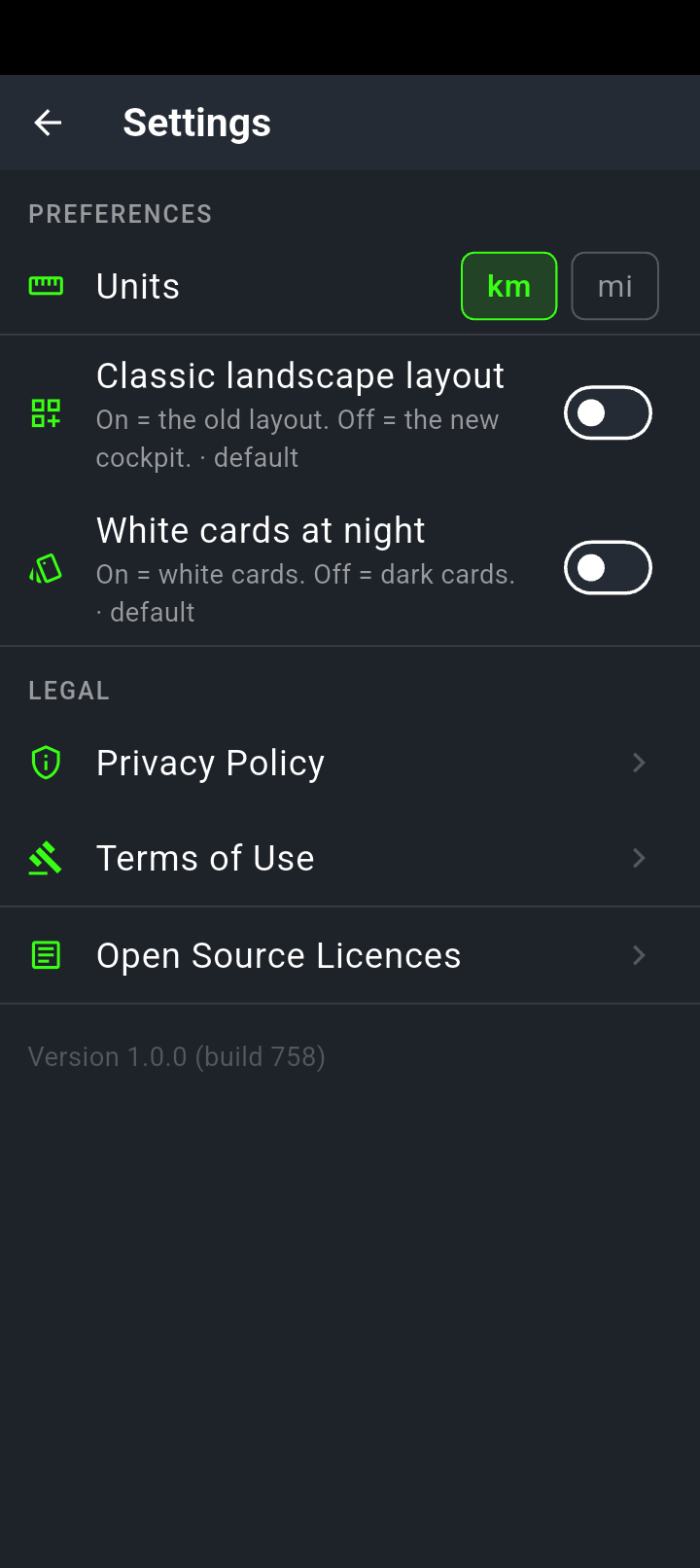 The NavForge Settings screen: Units with km selected, Classic landscape layout switched off, White cards at night switched off, then the Privacy Policy, Terms of Use and Open Source Licences links and the build number.