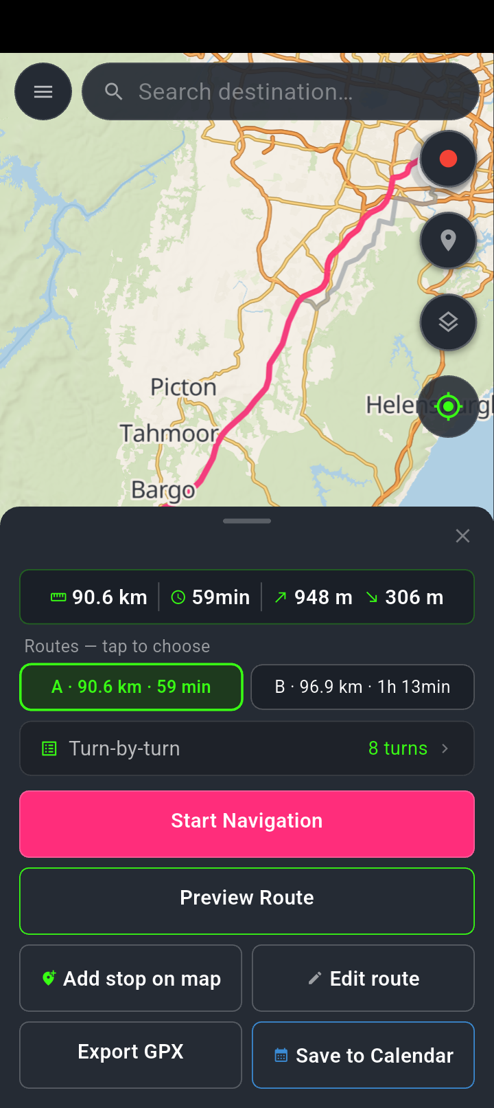 The route result card: 90.6 km, 59 min, 948 m of climb and 306 m of descent across the top, two alternative cards reading A 90.6 km 59 min and B 96.9 km 1 h 13 min, a Turn-by-turn row showing 8 turns, then Start Navigation, Preview Route, Add stop on map, Edit route, Export GPX and Save to Calendar.