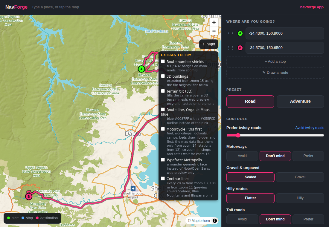 The website planner: the map on the left with a pink route from the Illawarra to Macquarie Pass and an Extras to try checklist, the planning panel on the right with the two ends, Add a stop, Draw a route, the Road and Adventure presets and the route controls.